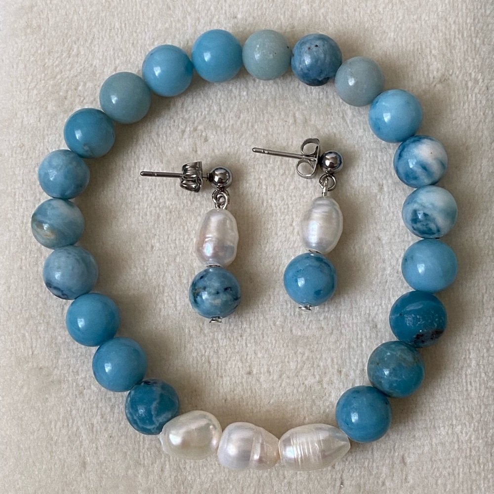 Freshwater pearl Larimar bracelet earring set